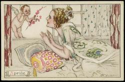"Aprile" - Fashion illustration of a woman and a cherub with a cherry blossom branch.