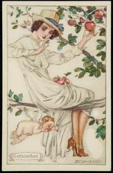 "Settembre" - Fashion illustration of a woman and a cherub in an apple tree.