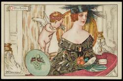 Fashion illustration of a woman and a cherub with binoculars.