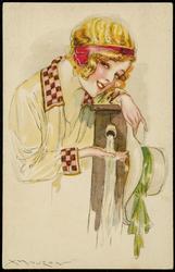 Fashion illustration of a woman at a water spigot.