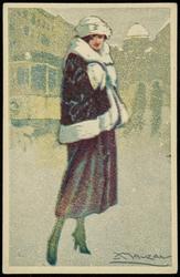 Fashion illustration of a woman in fur outside in the cold.