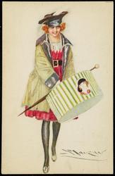 Fashion illustration of a woman carrying a hat box.