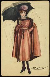 Fashion illustration of a woman in a red dress and cloak with black umbrella.
