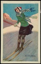 "Bonne Année" Fashion illustration of a woman on skis.