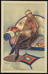 Fashion illustration of a woman on a brightly cushioned sofa.