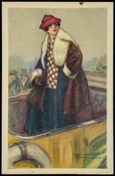 Fashion illustration of a woman in an open automobile.