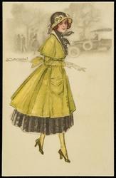 Fashion illustration of a woman in a green coat outdoors.