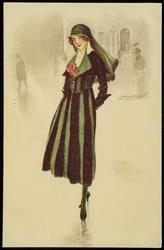 Fashion illustration of a woman in a long green coat and cap outdoors.