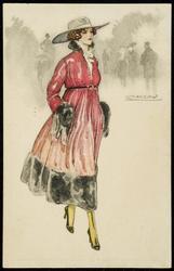 Fashion illustration of a woman in a long red coat with fur trim.