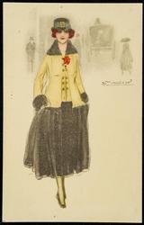 Fashion illustration of a woman in a green/yellow and black outfit outdoors.
