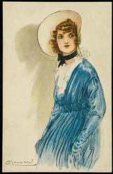 Fashion illustration of a woman in blue wearing a white hat with a black ribbon.