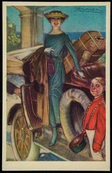 Fashion illustration of a woman in a blue dress exiting an automobile.