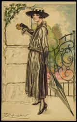 Fashion illustration of a woman in black with a black umbrella.