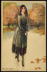 Fashion illustration of a woman in black amidst autumn foliage.