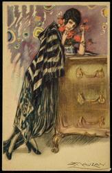 Fashion illustration of a woman in dark clothing with red flowers.