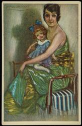 Fashion illustration of a woman In green with a young girl / doll.