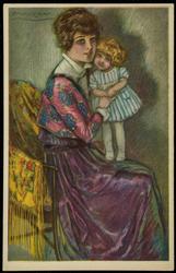 Fashion illustration of a woman in purple with a young girl / doll.