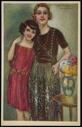 Fashion illustration of a woman in black with a younger girl in red.