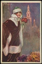 Fashion illustration of a woman outside with fur cap and coat.