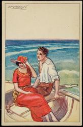 Man and woman in a row boat out to sea.