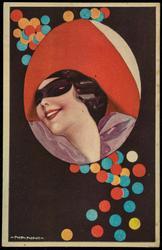 Fashion photo of a woman in a mask and big red hat.