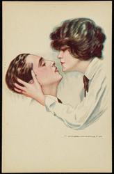 Man and woman embracing, wearing mens dress shirts and ties.