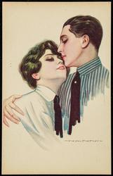 Man and woman embracing, wearing mens dress shirts and ties.