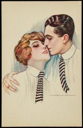 Man and woman embracing, wearing mens dress shirts and ties.