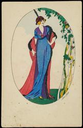 Fashion illustration - woman outdoors in purple and blue gown.