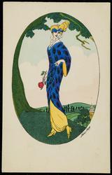 Fashion illustration - woman outdoors in blue and yellow gown.