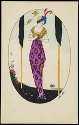 Fashion illustration - woman outdoors in purple and yellow gown.