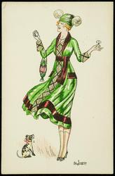 Fashion illustration of a woman wearing green with a small dog.
