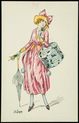 Fashion illustration of a woman wearing pink carrying a blue hat box and parasol.