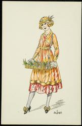 Fashion illustration of a woman in orange and red carrying a tray of bouquets.