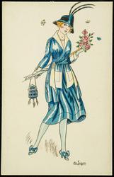 Fashion illustration of a woman in blue carrying a parasol and pink flowers