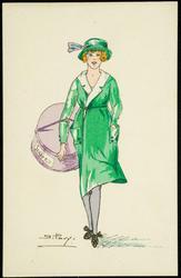 "SILHOUETTES PARISIENNES" - green dress, purple hat box.