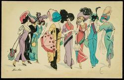 Eight women in fancy dress.