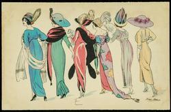Six women in fancy dress from behind.