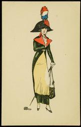 Woman in a green and red coat carrying a purse and a walking stick. (Looking somewhat Napoleonic.)
