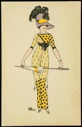 Woman in a yellow dress with black polka dots, carrying a parasol.