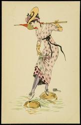 Woman in a pink dress with black polka dots carrying a pink parasol.