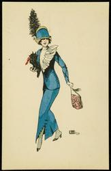 Woman wearing a blue coat and skirt, carrying a pink purse and small black dog.