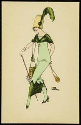 Woman in a green dress carrying two purses and a purple parasol.