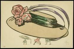 Big hat fashion illustration - tan with purple feathers and red roses.