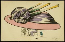 Big hat fashion illustration - pink hat with green feathers and purple ribbon.