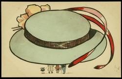 Big hat fashion illustration - light blue hat with red feathers.