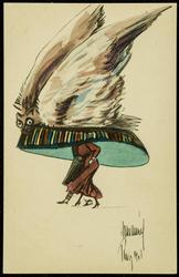 Big hat fashion illustration - blue striped hat with an owl decoration.