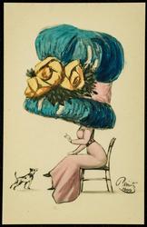 Big hat fashion illustration - blue hat with yellow flowers.
