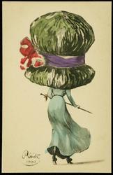 Big hat fashion illustration - green hat with purple and red bow.
