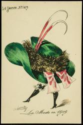 La Mode en 1909 - green hat with pink feathers and pink bow.